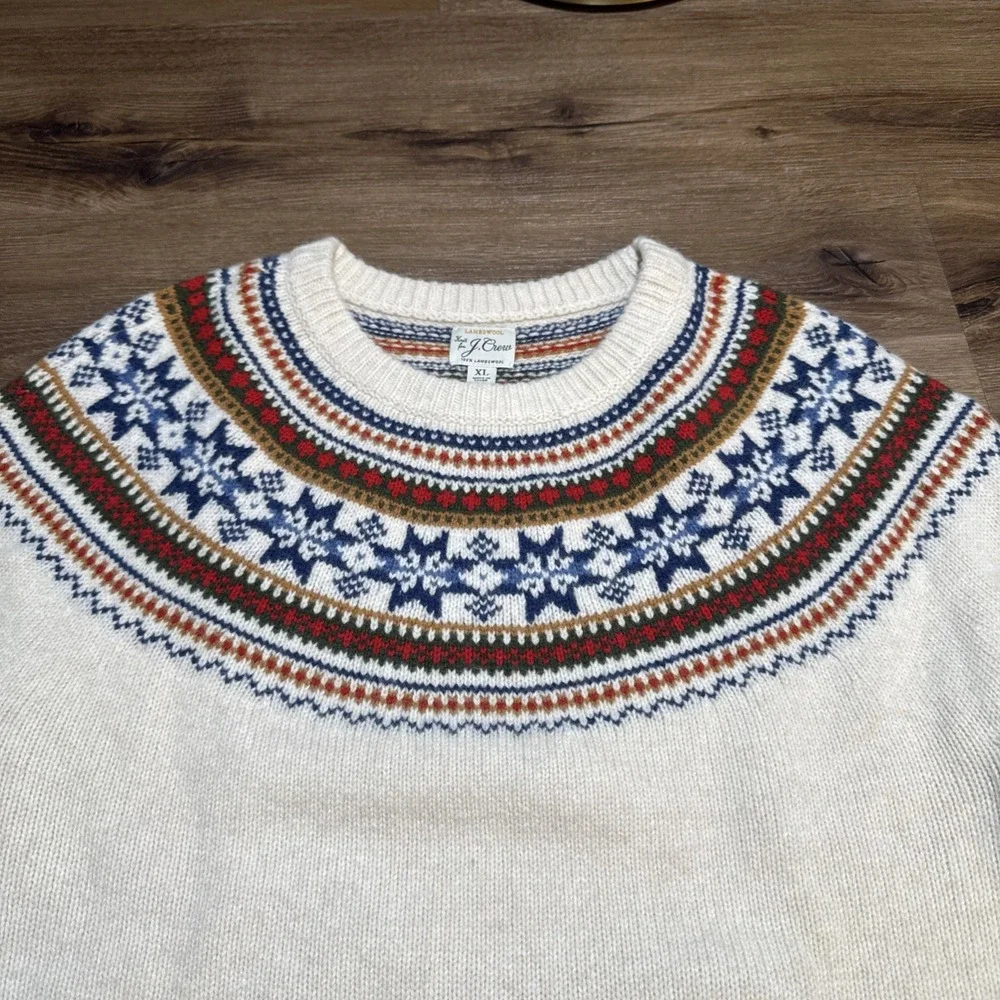 J Crew Sweater Men's XL Beige 100% Lambswool Fair Isle Yoked Crewneck Pullover - Picture 7 of 13